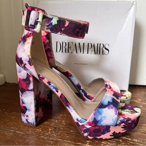 Dream Pairs Pink and Purple Floral Platform Heels Open Toe Ankle Strap Sz 9 Y2K